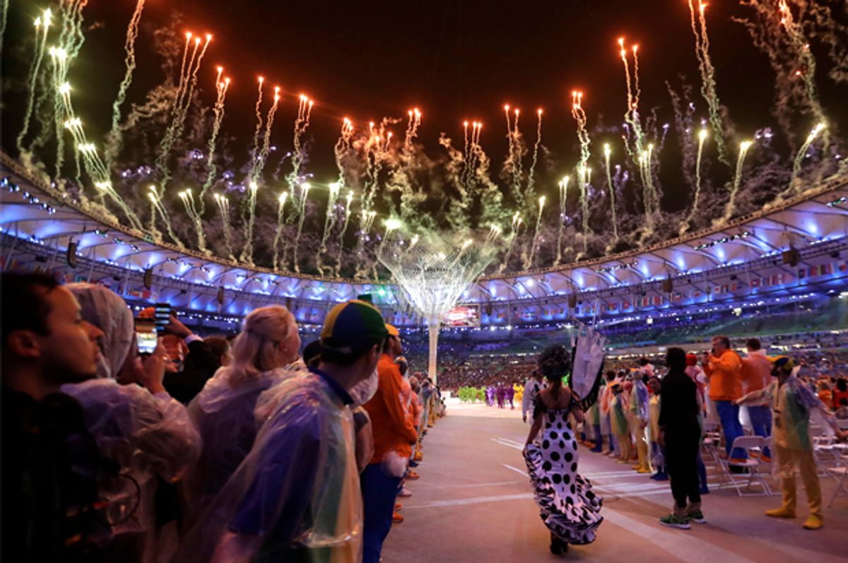 Fireworks go off after the Olympic flame was extinguished during the closing ceremony of the 2016 Summer Olympics in Rio de Janeiro, Brazil, Sunday, Aug. 21, 2016. (AP Photo/David Goldman) (AP/David Goldman)