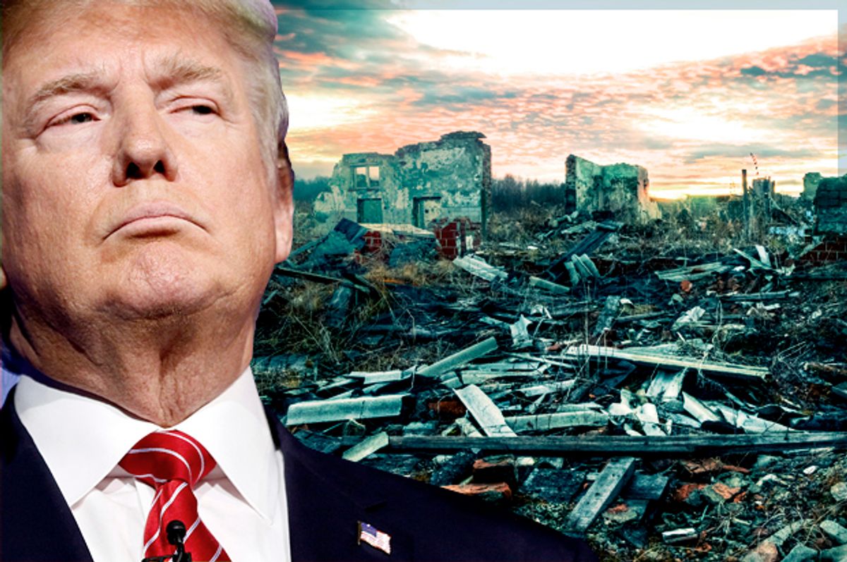 Donald Trump; Rubble.   (AP/Rick Wilking/<a href='http://www.shutterstock.com/g/nouskrabs'>nouskrabs</a> via <a href='http://www.shutterstock.com/'>Shutterstock</a>/Salon)