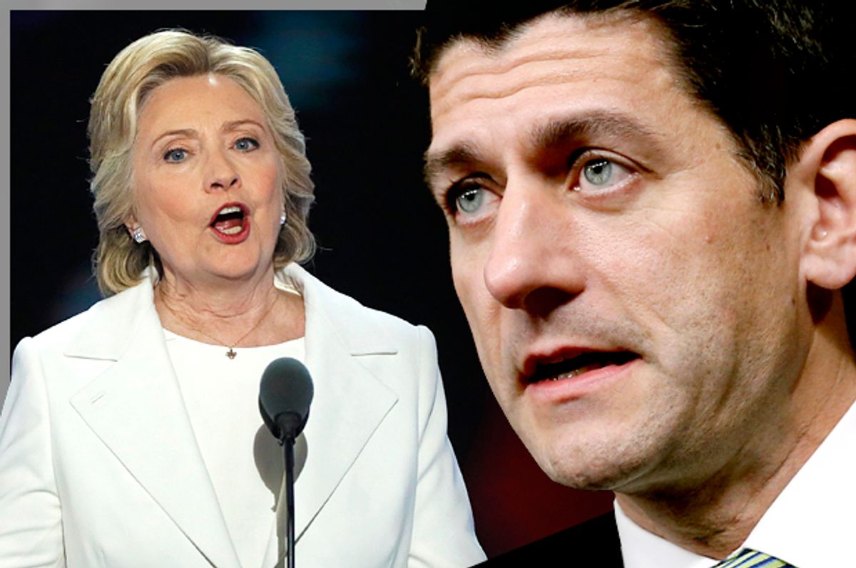 Hillary Clinton; Paul Ryan   (Reuters/Mike Segar/Jonathan Ernst/Photo montage by Salon)