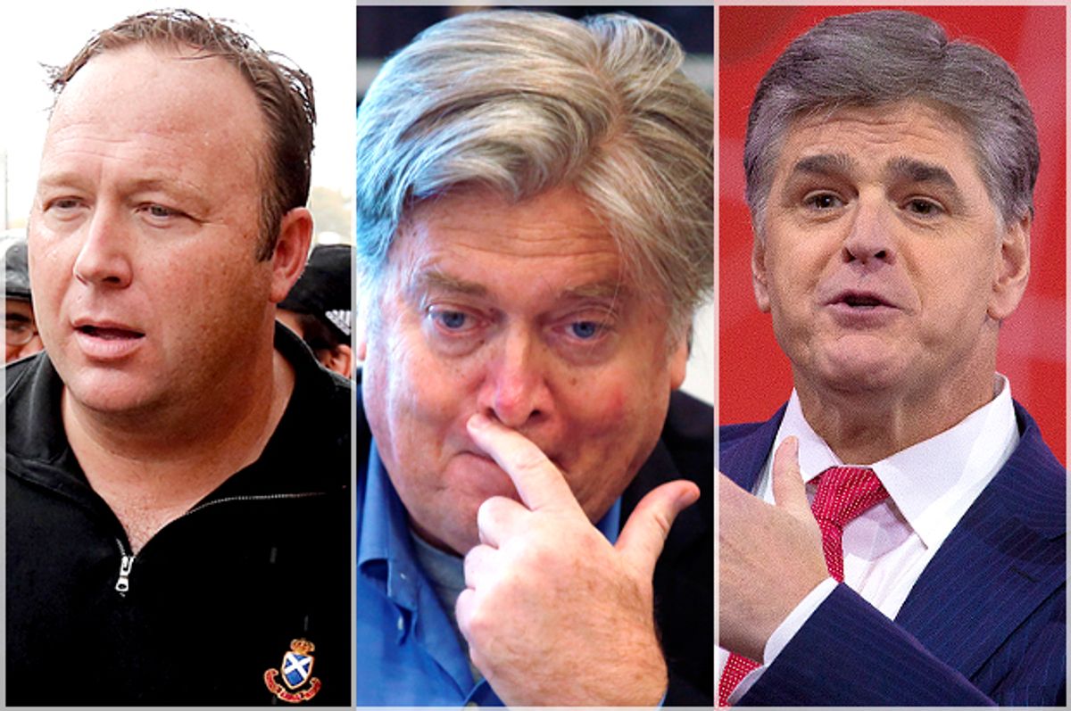Alex Jones; Stephen Bannon; Sean Hannity   (Reuters/Jim Bourg/Carlo Allegri/Jeff Malet, maletphoto.com)