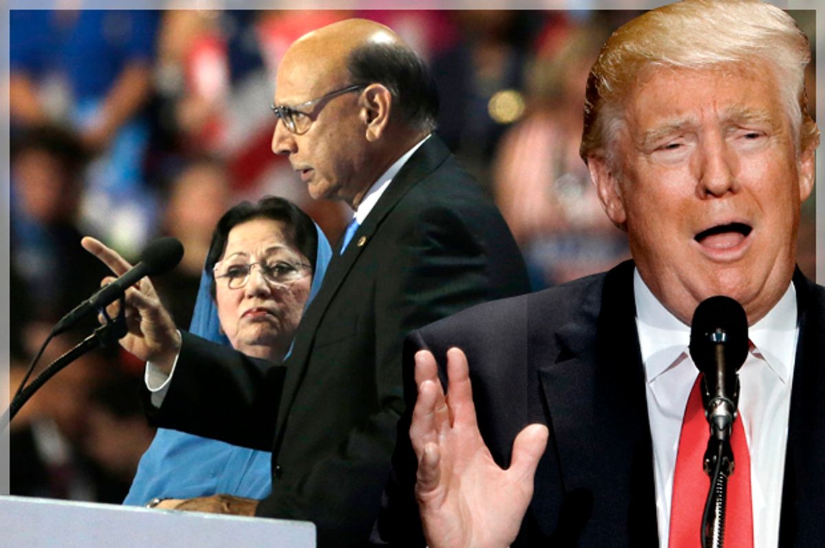 Ghazala and Khizr Khan; Donald Trump   (Reuters/Gary Cameron/Scott Audette/Photo montage by Salon)