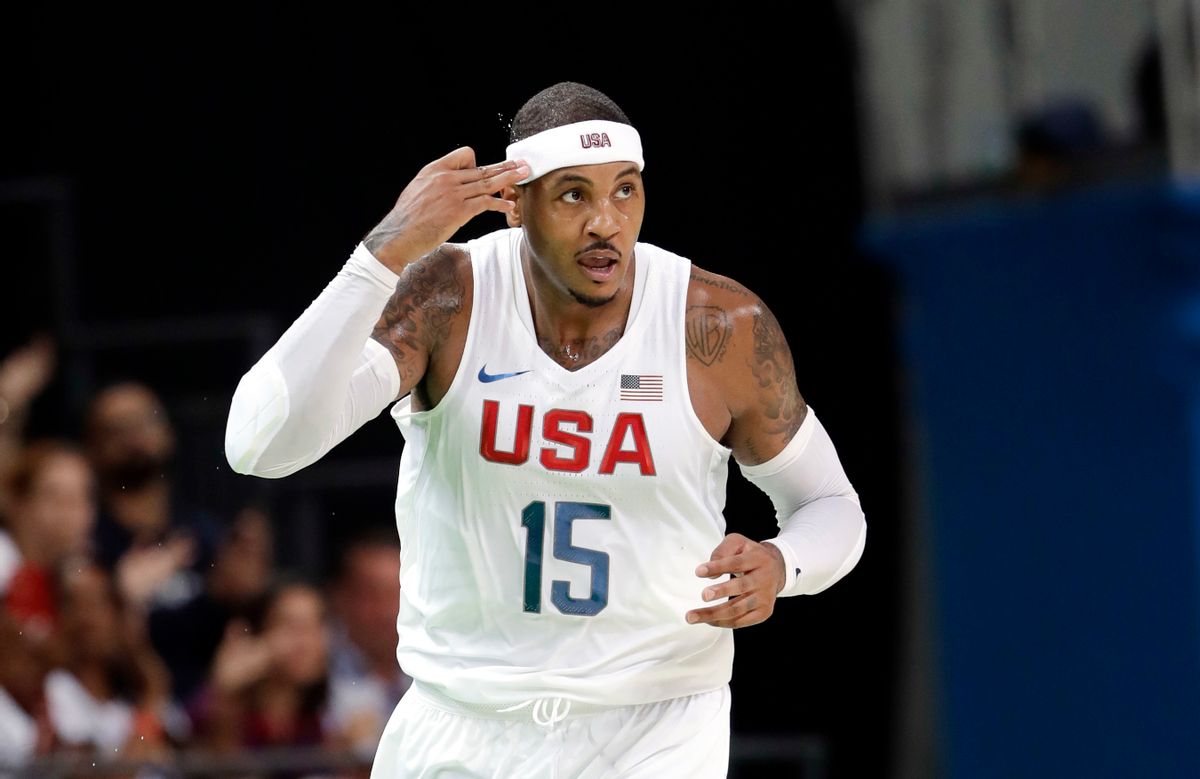 United States' Carmelo Anthony (15) signals ager make a score against Venezuela during a men's basketball game at the 2016 Summer Olympics in Rio de Janeiro, Brazil, Monday, Aug. 8, 2016. (AP Photo/Eric Gay) (AP)