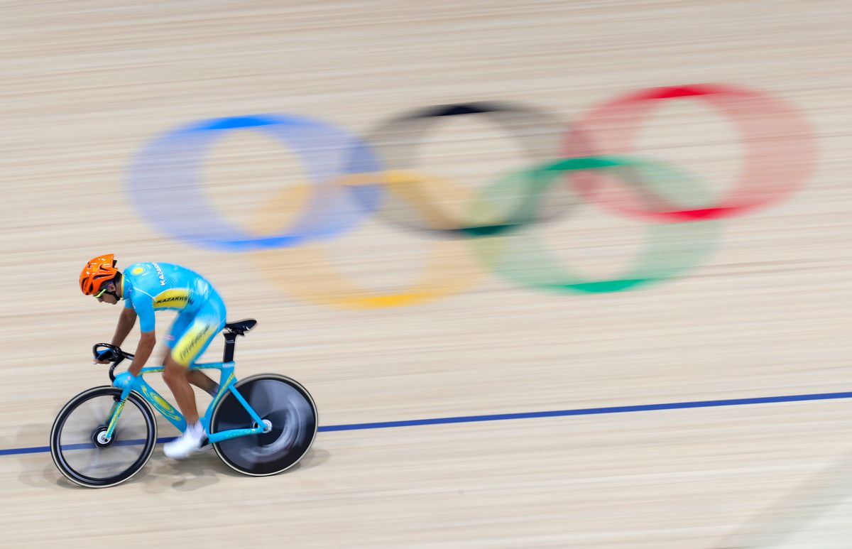 A member of the Kazakhstan men's track cycling team rounds the track during a training session inside the Rio Olympic Velodrome during the 2016 Olympic Games in Rio de Janeiro, Brazil, Tuesday, Aug. 9, 2016. (AP Photo/Patrick Semansky) (AP)