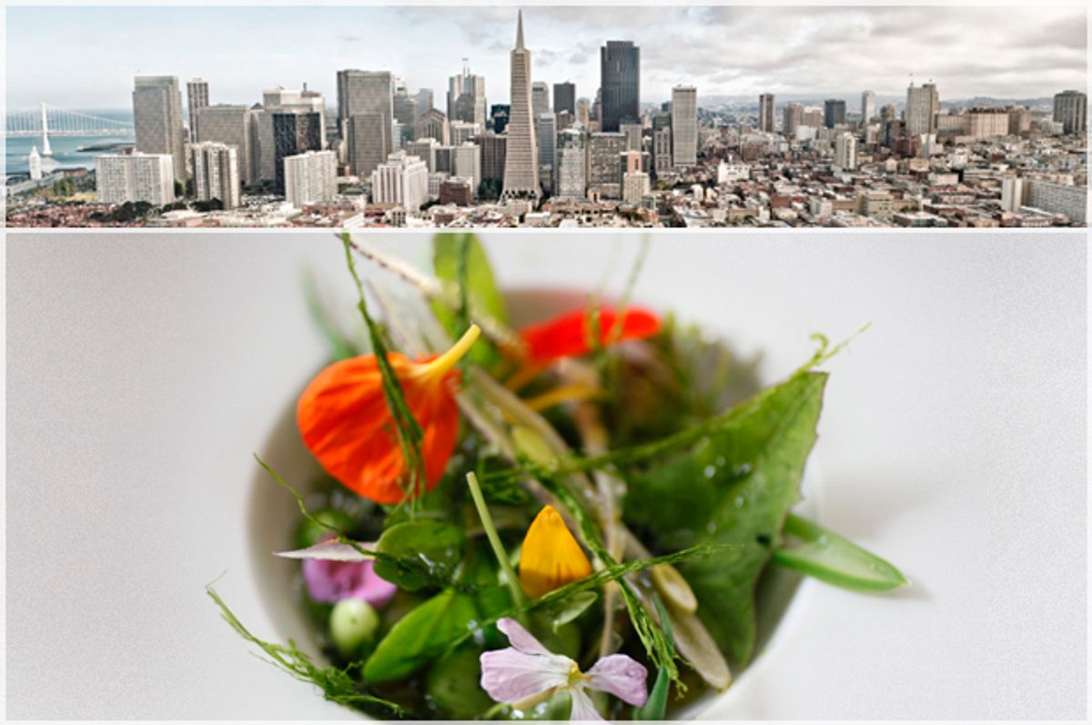 San Francisco skyline; a dish of foraged foods made by Josh Skenes at Saison.   (<a href='http://www.shutterstock.com/g/Andrey+Bayda'>Andrey Bayda</a> via <a href='http://www.shutterstock.com/'>Shutterstock</a>/AP/Eric Risberg)