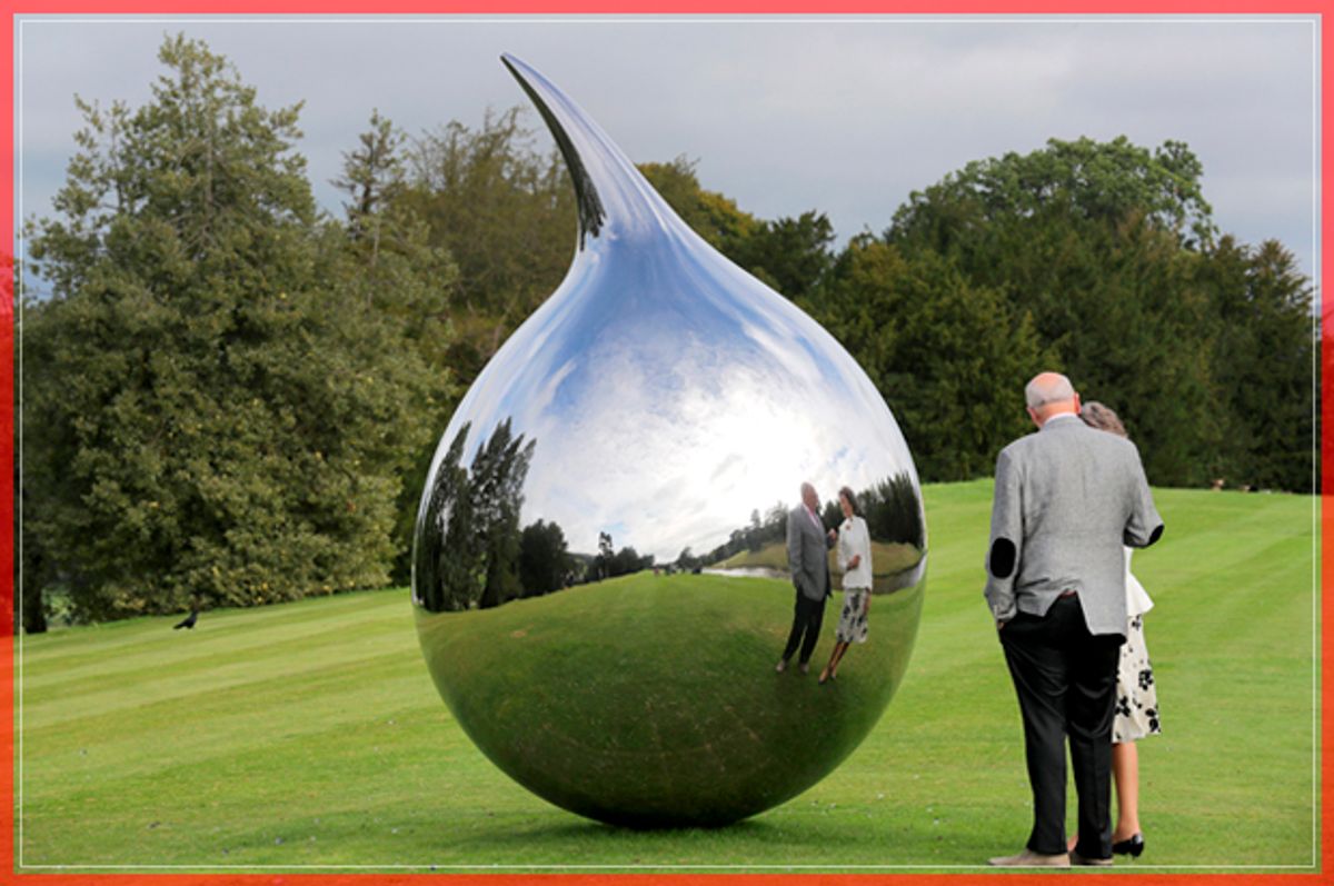 CHATSWORTH, ENGLAND - SEPTEMBER 09:  The Duke and Duchess of Devonshire view Tear, by artist Richard Hudson, one of the many moumental sculptures on dispay at Chatsworth stately home as part of the Sotheby's Beyond Limits Monumental Outdoor Sculpture Show on September 9, 2016 in Chatsworth, England. Work by world-renowned artists including Zaha Hadid, Aristide Maillol, Bruce Munro, Richard Hudson, Cristina Iglesias and Joana Vasconcelos, are on display as part of the Sotheby's Beyond Limits Monumental Outdoor Sculpture Show in the gardens of Chatsworth between 10 September and 30 October 2016.  Sotheby's Beyond Limits selling exhibition, has firmly established itself as one of the most prestigious platforms for the display and sale of modern and contemporary outdoor sculpture, and a key event in the art world calendar. The show brings together works by leading pioneers in this field, all situated in the historic garden of one of Europes greatest country estates, the ancestral seat of the Duke and Duchess of Devonshire.  (Photo by Christopher Furlong/Getty Images for Sotheby's) (Getty Images For Sotheby's)
