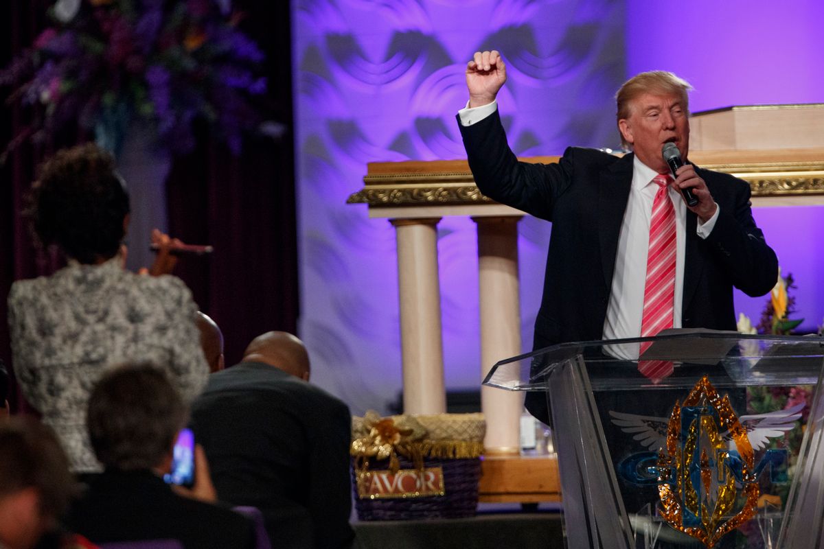  Donald Trump speaks during a church service at Great Faith Ministries, Saturday in Detroit.  (AP)