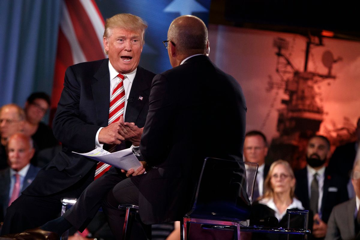 Republican presidential candidate Donald Trump speaks with 'Today' show co-anchor Matt Lauer at the NBC Commander-In-Chief Forum held at the Intrepid Sea, Air and Space museum aboard the decommissioned aircraft carrier Intrepid, New York, Wednesday, Sept. 7, 2016. (AP Photo/Evan Vucci) (AP)