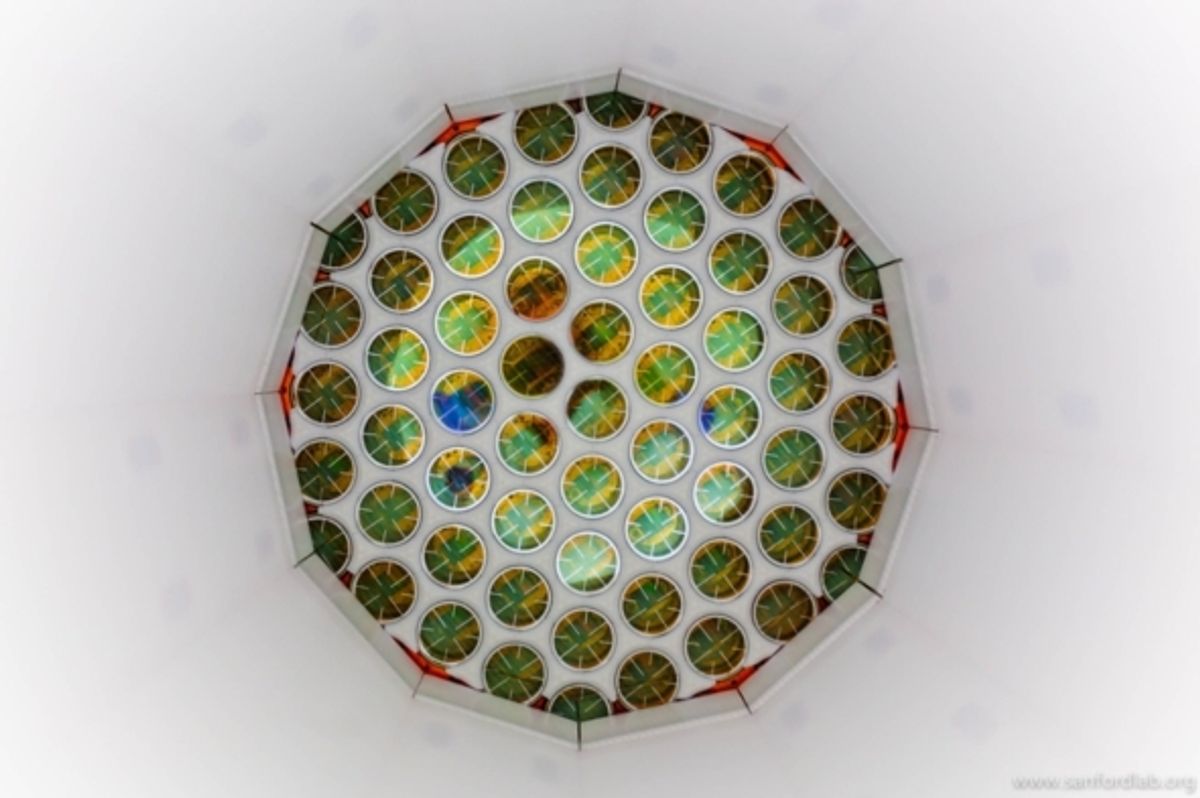 Sensors on the Large Underground Xenon dark matter detector can register the emission of just a single photon from a dark matter interaction within the detector's giant xenon tank. So far, however, no signs of dark matter have been seen. (Matt Kapust, Sanford Underground Research Facility)