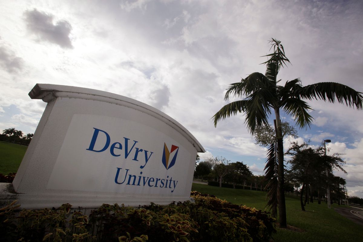 FILE - This Nov. 24, 2009, file photo, shows the entrance to the DeVry University in Miramar, Fla. Some of the nation’s largest for-profit college chains are suffering steep declines in enrollment amid heavier government scrutiny. (AP Photo/J Pat Carter, File) (AP)
