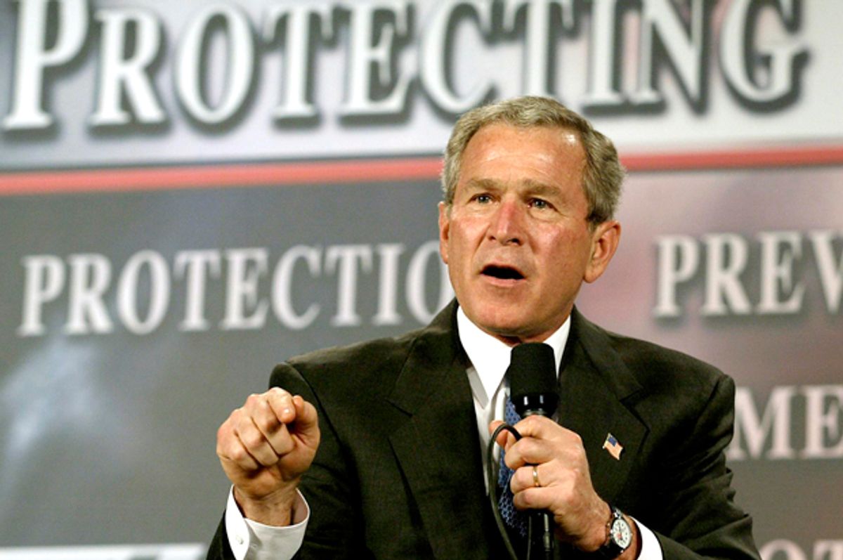 George W. Bush participates in a conversation on the USA Patriot Act, April 20, 2004 in Buffalo, New York.    (Getty/Luke Frazza)