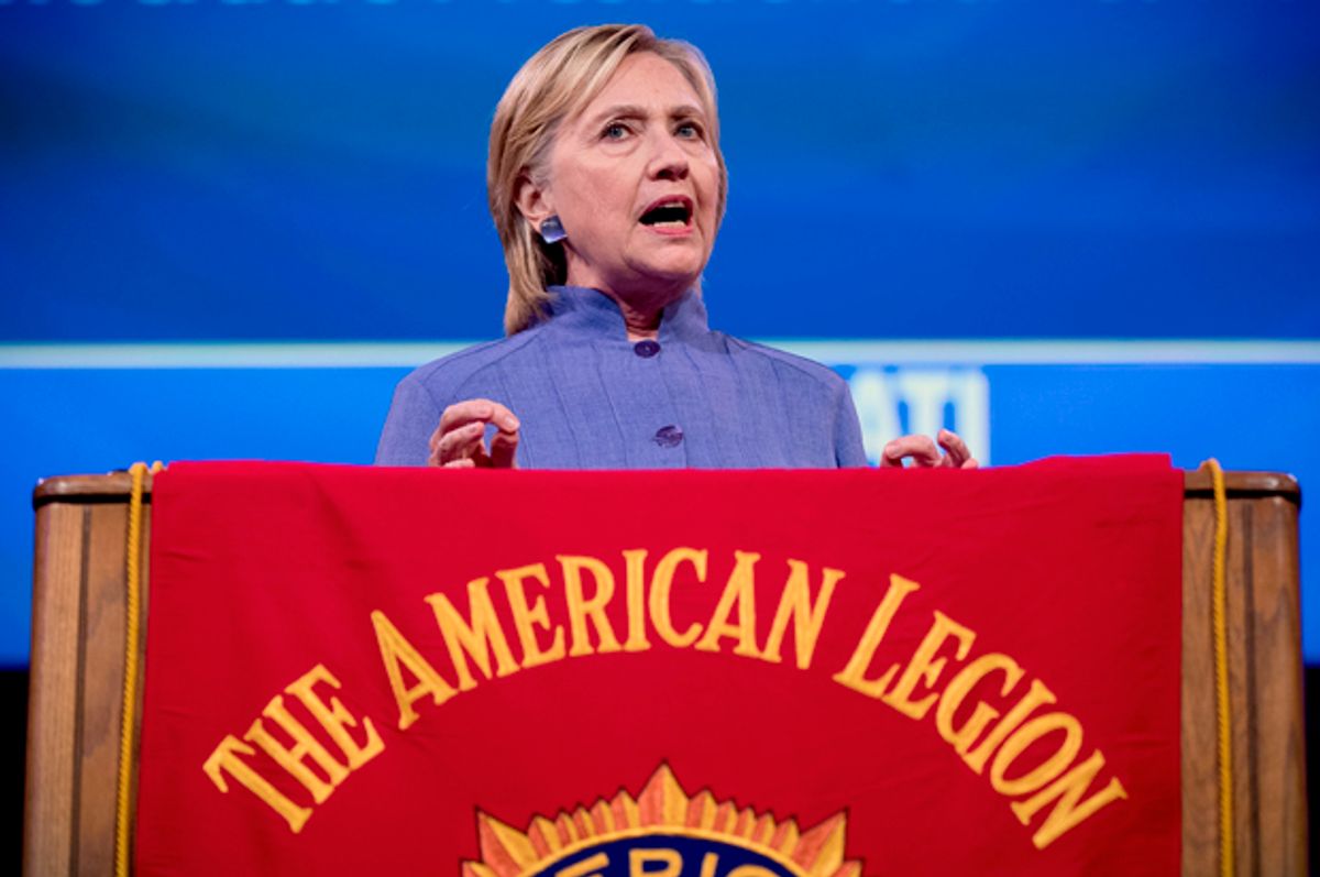 Hillary Clinton speaks at the American Legion's 98th Annual Convention in Cincinnati, Aug. 31, 2016.   (AP/Andrew Harnik)