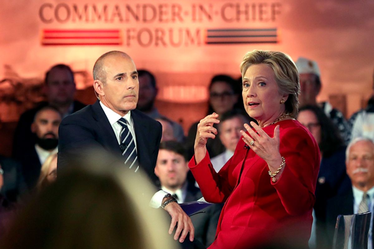 Matt Lauer and Hillary Clinton at the NBC News Commander-in-Chief Forum on September 7, 2016 in New York City.   (Getty/Justin Sullivan)