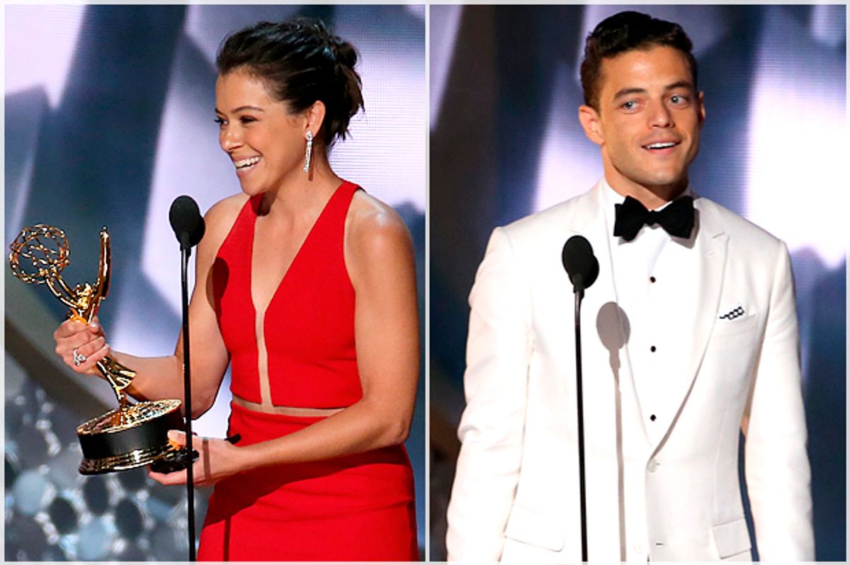 Tatiana Maslany; Rami Malek accept awards at the 68th Primetime Emmy Awards, September 18, 2016.    (Reuters/Mike Blake)