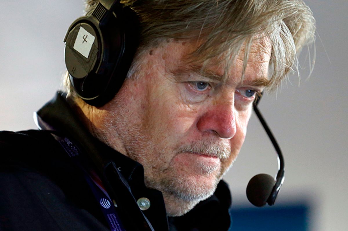 CLEVELAND, OH - JULY 20: Stephen K. Bannon looks at his computer to see who will be the next caller he will talk to while hosting Brietbart News Daily on SiriusXM Patriot at Quicken Loans Arena on July 20, 2016 in Cleveland, Ohio. (Photo by Kirk Irwin/Getty Images for SiriusXM) (Getty/Kirk Irwin)