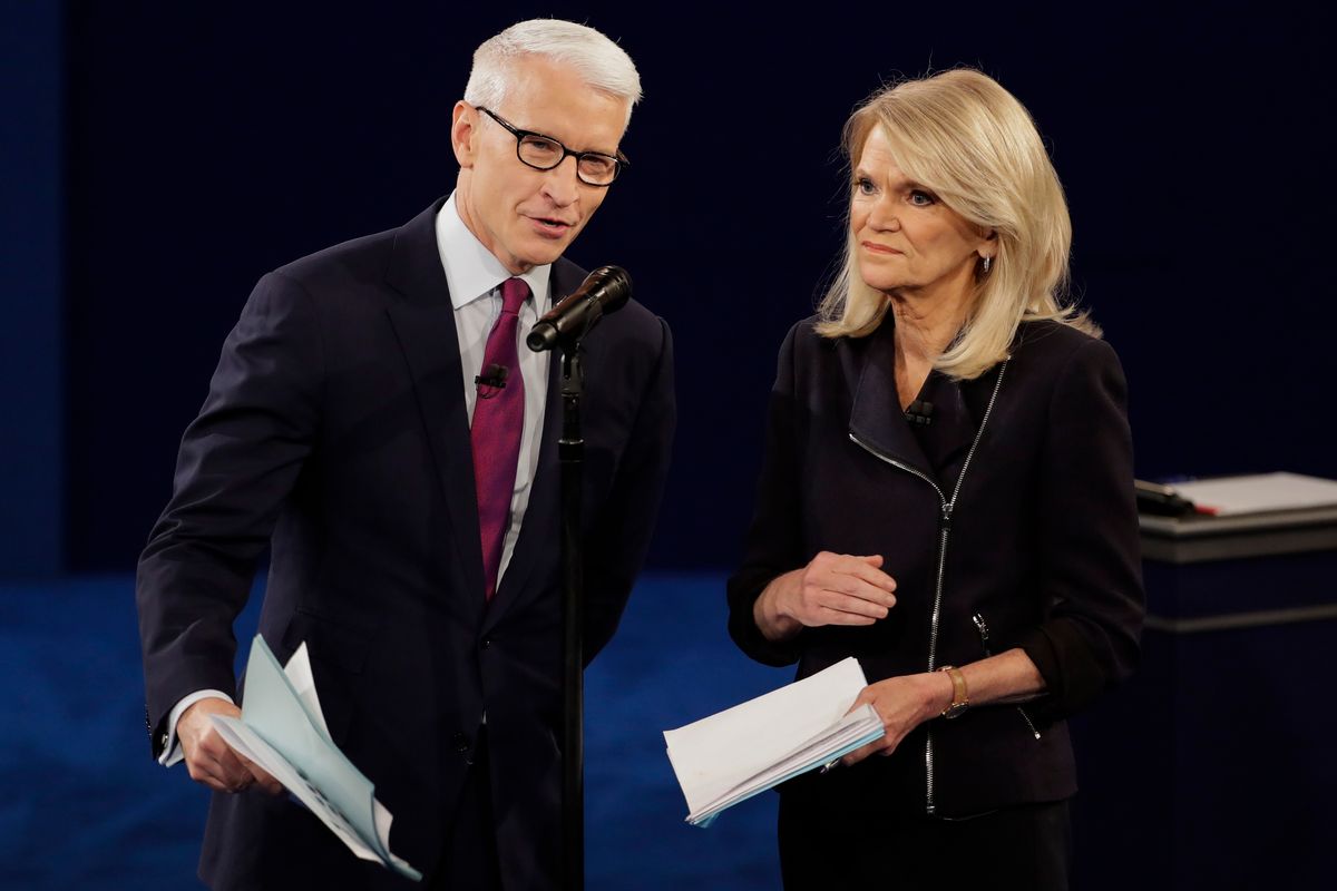 Moderators Anderson Cooper, of CNN, and Martha Raddatz, of ABC News talk to the audience before the second presidential debate at Washington University in St. Louis, Sunday, Oct. 9, 2016. (AP Photo/Julio Cortez) (AP)