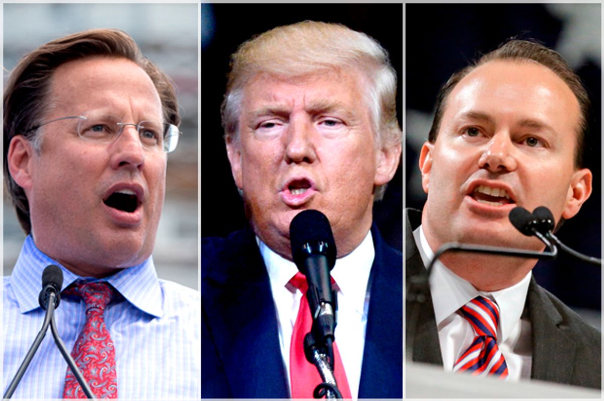 Dave Brat; Donald Trump;Rick Bowmer (AP/Carolyn Kaster/Dennis Van Tine/Mike Lee)