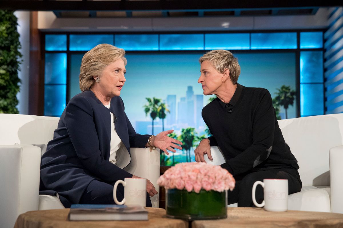 Democratic presidential candidate Hillary Clinton speaks with Ellen Degeneres during a commercial break at a taping of The Ellen Show in Burbank, Thursday, Oct. 13, 2016. (AP Photo/Andrew Harnik) (AP)