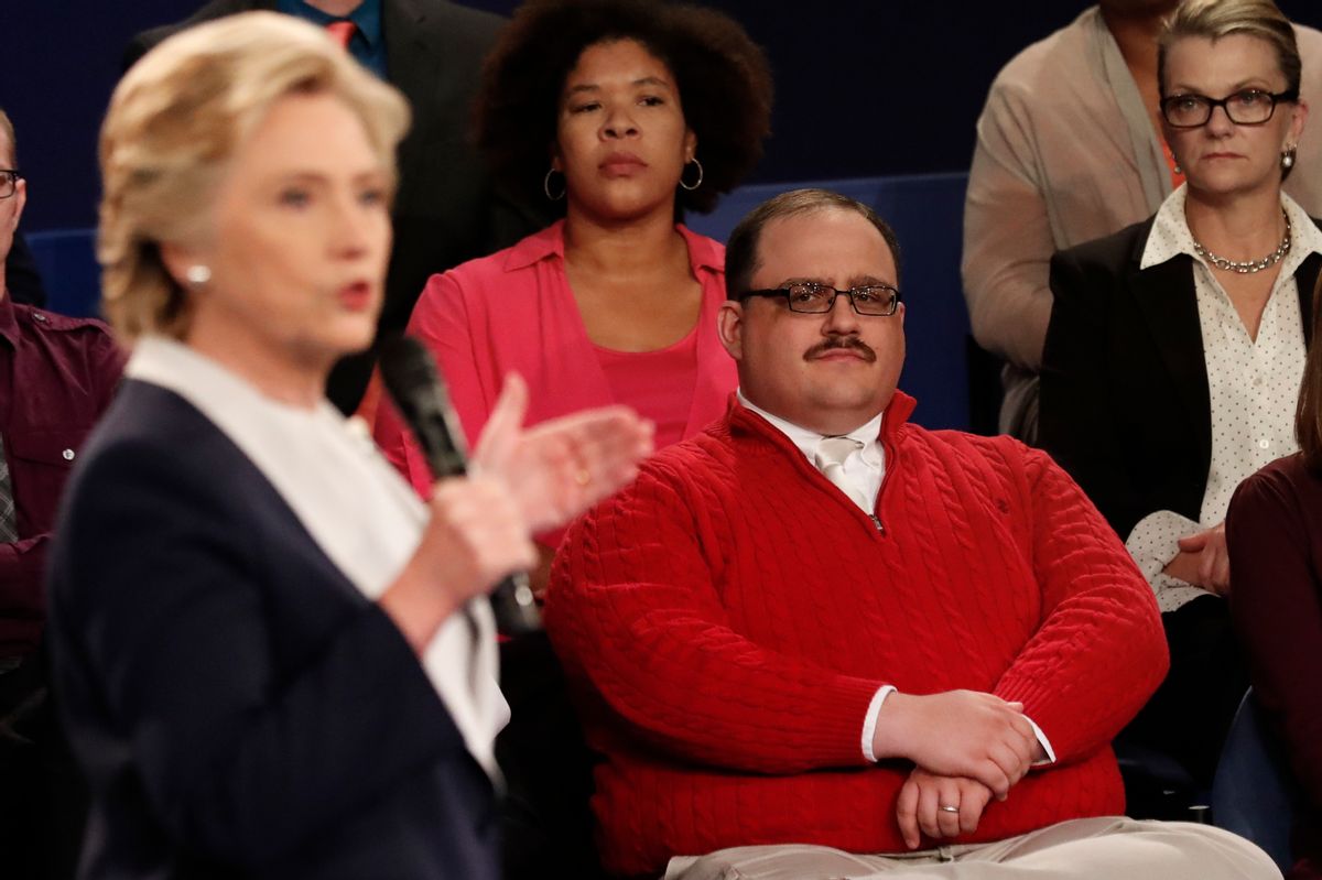 Kenneth Bone listens as Democratic presidential nominee Hillary Clinton answers a question during the second presidential debate with Republican presidential nominee Donald Trump at Washington University in St. Louis, Sunday, Oct. 9, 2016. (Rick T. Wilking/Pool Photo via AP) (AP)