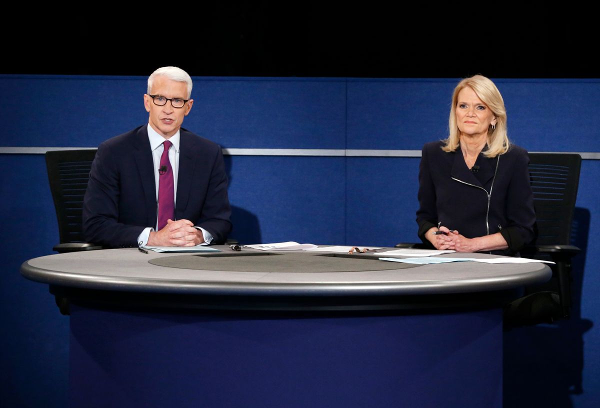 Anderson Cooper, of CNN, and Martha Raddatz, of ABC News, moderate the second presidential debate between Republican presidential nominee Donald Trump and Democratic presidential nominee Hillary Clinton at Washington University in St. Louis, Sunday, Oct. 9, 2016. (Jim Bourg/Pool via AP) (AP)
