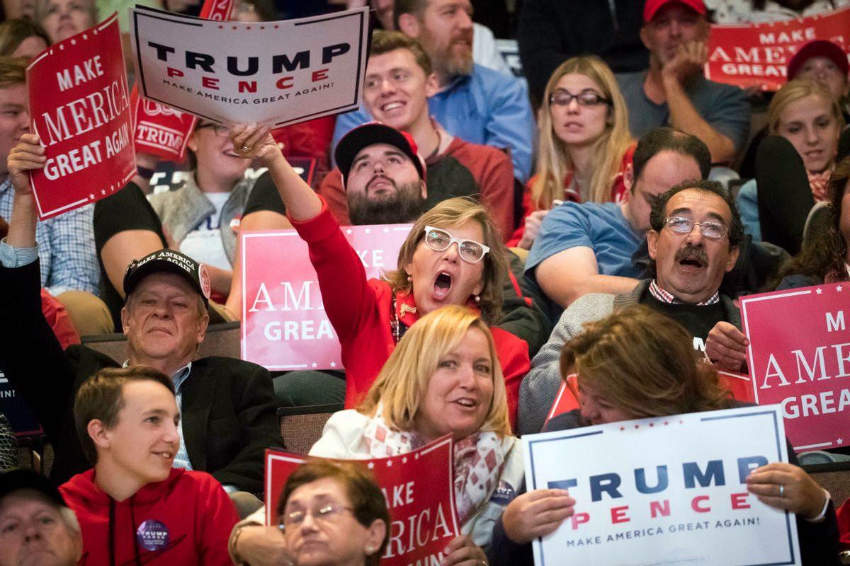 FILE - In this Oct. 13, 2016 file photo, supporters of Republican presidential candidate Donald Trump cheer during a campaign rally in Cincinnati, Ohio. (AP Photo/John Minchillo, File) (AP Photo/John Minchillo, File)