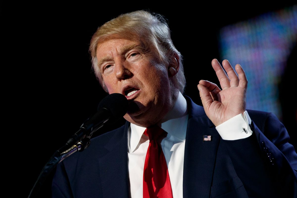 Republican presidential candidate Donald Trump speaks to the Republican Hindu Coalition, Saturday, Oct. 15, 2016, in Edison, N.J. (AP Photo/ Evan Vucci) (AP)