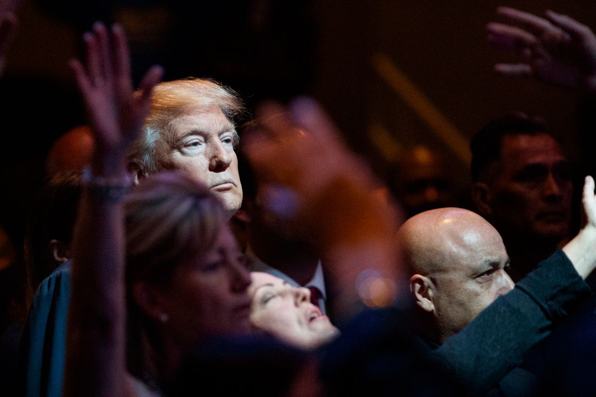 Republican presidential candidate Donald Trump stands during a service at the International Church of Las Vegas, Sunday, Oct. 30, 2016, in Las Vegas.  (AP)