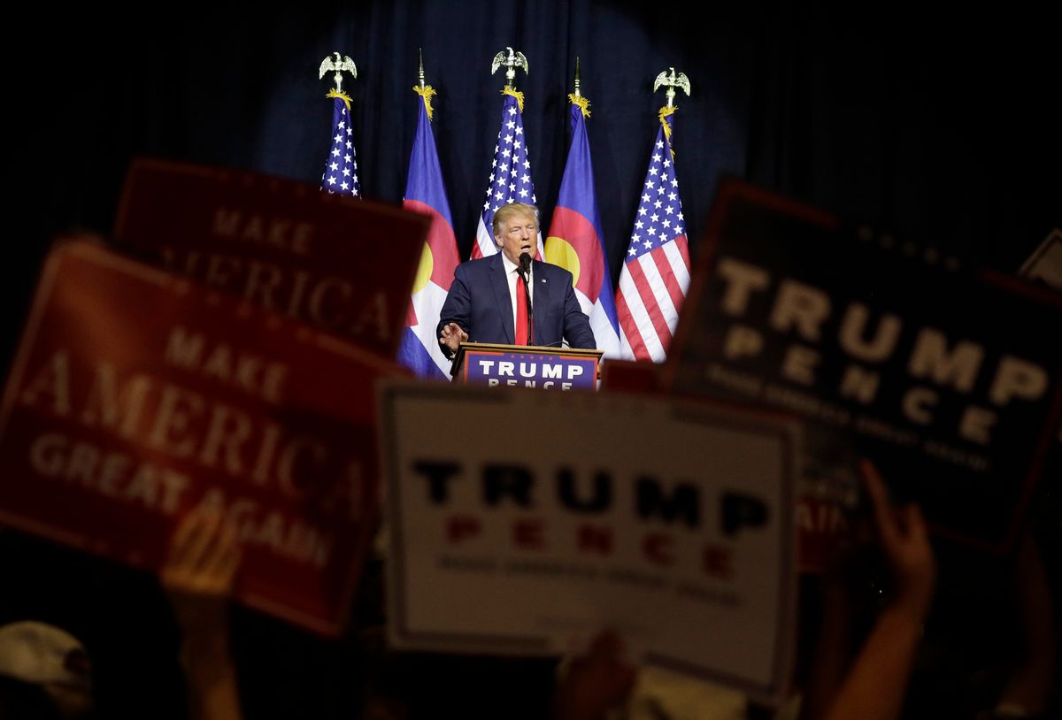 Republican presidential candidate Donald Trump speaks at a rally, Monday, Oct. 3, 2016, in Pueblo, Colo. (AP Photo/John Locher) (AP)