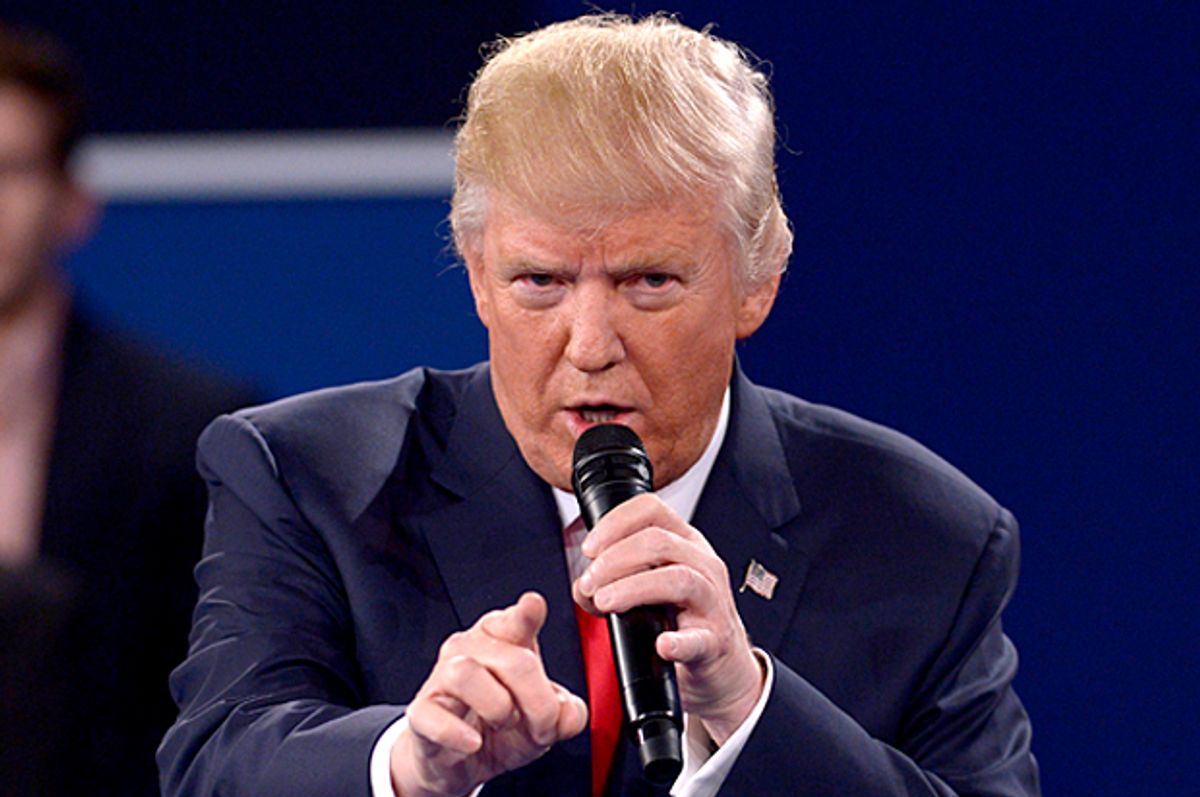 Republican presidential nominee Donald Trump speaks during the second presidential debate at Washington University in St. Louis, Sunday, Oct. 9, 2016. (Saul Loeb/Pool via AP) (AP)