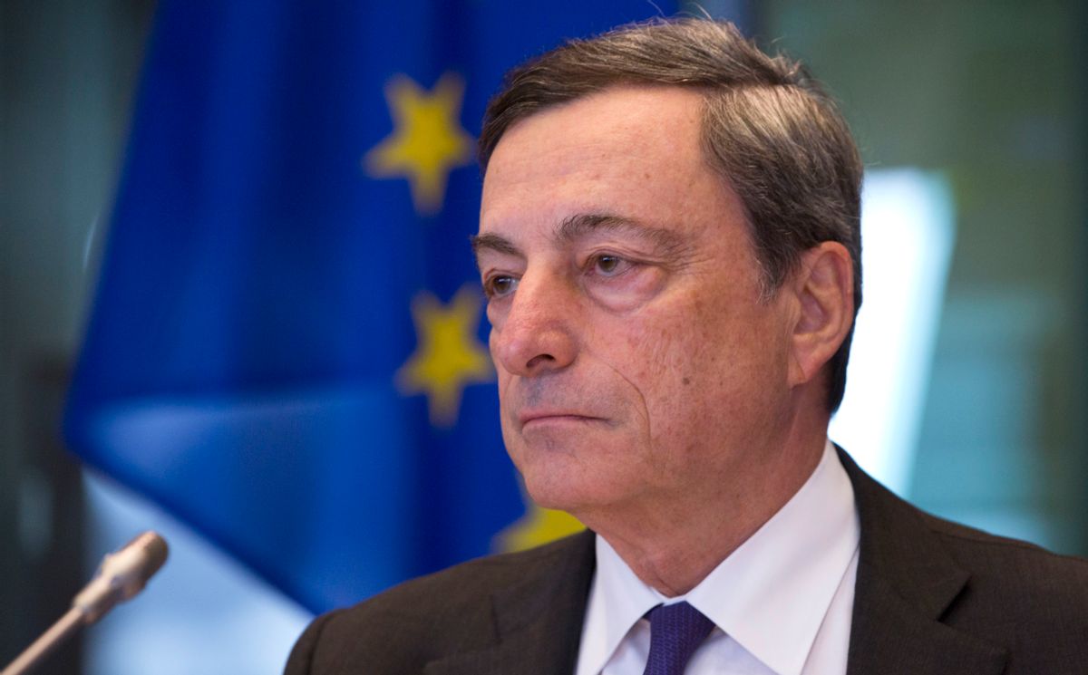 FILE - In this Monday, Sept. 26, 2016 file photo, Governor of the European Central Bank Mario Draghi pauses during a session of the Economic and Monetary Affairs Committee at the European Parliament in Brussels. Investors will sift European Central Bank head Mario Draghi’s remarks on Thursday, Oct. 20. 2016 for clues about a possible extension of its 1.74 trillion euro ($1.91 trillion) bond-buying stimulus program. ) ((AP Photo/Virginia Mayo, File)