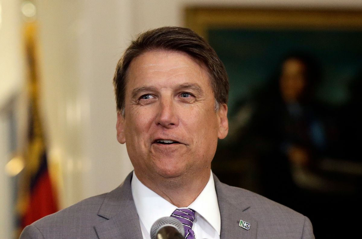 In this photo taken Monday, May 9, 2016 Gov. Pat McCrory makes remarks regarding House Bill 2 during a news conference in Raleigh, N.C. The North Carolina governor's race is everything voters anticipated it would be: expensive attack ads and barbed debates before what's essentially a referendum on the state's recent rightward tilt under Republican rule, particularly the state law limiting protections for LGBT people _ known as House Bill 2. (AP Photo/Gerry Broome, File) (AP)