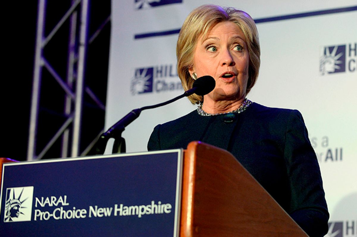 CONCORD, NH - JANUARY 22: Democratic Presidential candidate Hillary Clinton speaks at the NARAL Pro-Choice NH Roe v. Wade Dinner at the Grappone Conference Center January 22, 2016 in Concord, New Hampshire. Clinton is in a close race in the first in the nation primary state of New Hampshire. (Photo by Darren McCollester/Getty Images) (Getty/Darren McCollester)
