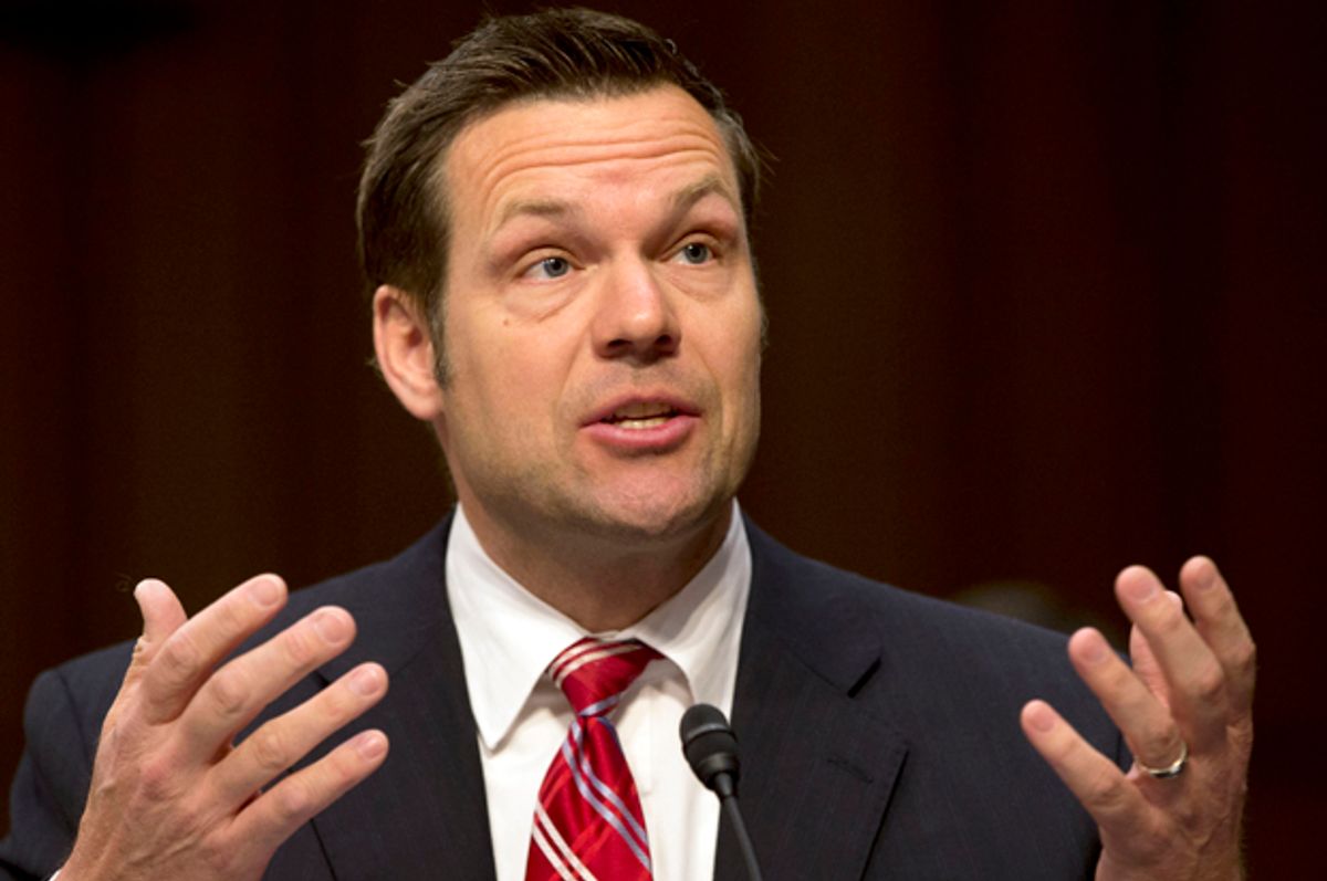 Kansas Secretary of State Kris Kobach testifies on Capitol Hill in Washington, Monday, April 22, 2013, before the Senate Judiciary Committee hearing on immigration reform.  (AP Photo/Jacquelyn Martin) (AP/Jacquelyn Martin)