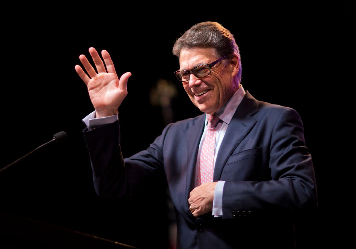 FILE - In this Aug. 7, 2015, file photo, former Republican presidential candidate and former Texas Gov. Rick Perry, waves to the crowd as he steps to the podium to speak at the RedState Gathering in Atlanta. Perry has joined the board of a stem cell firm where he underwent experimental back surgery before running for president in 2011, a procedure that didn't calm the chronic pain that the Republican later blamed for his "oops moment" and other infamous gaffes that sunk his once-promising campaign. (AP Photo/David Goldman, File) (AP)