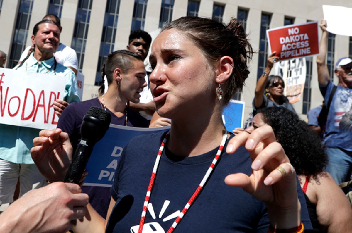 Actress Shailene Woodley in a rally in solidarity with the Standing Rock Sioux Tribe in their lawsuit   (AP/Manuel Balce Ceneta)