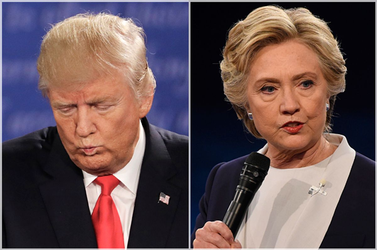 Donald Trump; Hillary Clinton at the presidential debate in St. Louis, Sunday, Oct. 9, 2016.   (AP/Patrick Semansky)