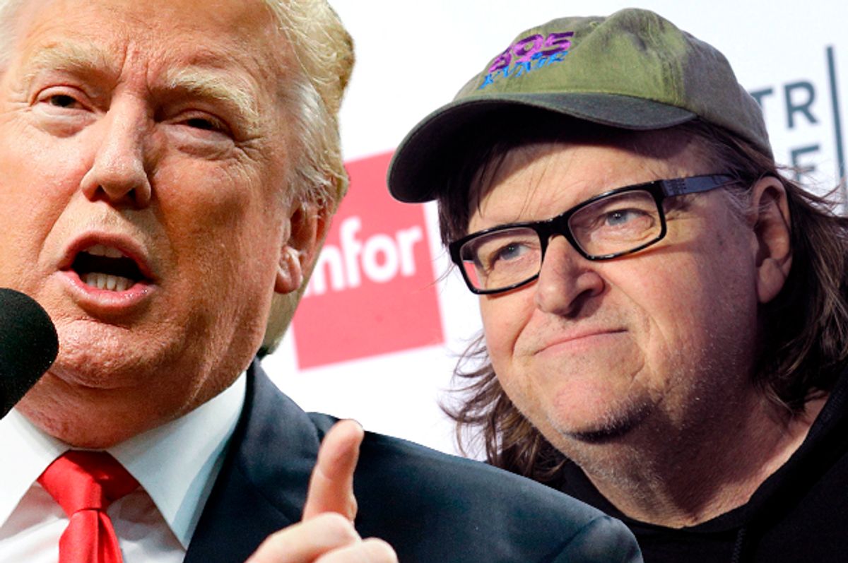 Donald Trump; Michael Moore   (AP/Chris Carlson/Star Max/Photo montage by Salon)