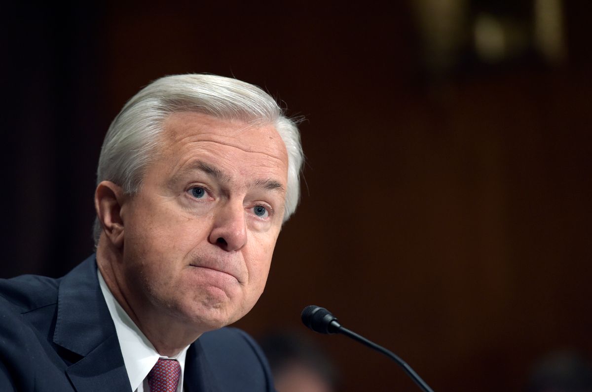 FILE - In this Tuesday, Sept. 20, 2016, file photo, Wells Fargo CEO John Stumpf testifies on Capitol Hill in Washington, before the Senate Banking Committee. Wells Fargo’s embattled CEO Stumpf is out effective immediately, with President and Chief Operating Officer Tim Sloan taking over as the head of the one of the nation’s largest banks, the company announced Wednesday, Oct. 12, 2016. (AP Photo/Susan Walsh, File) (AP)