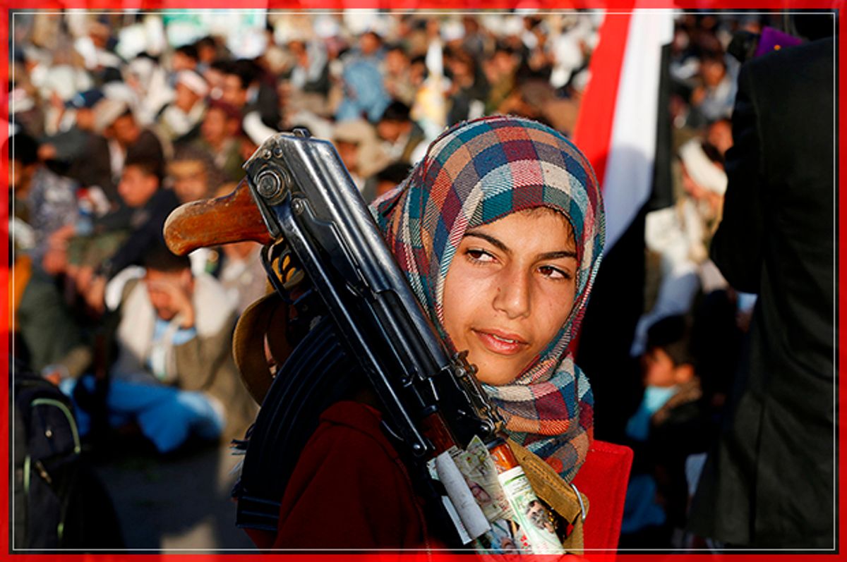 A girl carries a rifle as she attends a rally by followers of the Shi'ite Houthi movement commemorating the death of Imam Zaid bin Ali in Sanaa, Yemen October 26, 2016. REUTERS/Khaled Abdullah     TPX IMAGES OF THE DAY      - RTX2QLEC (Reuters)