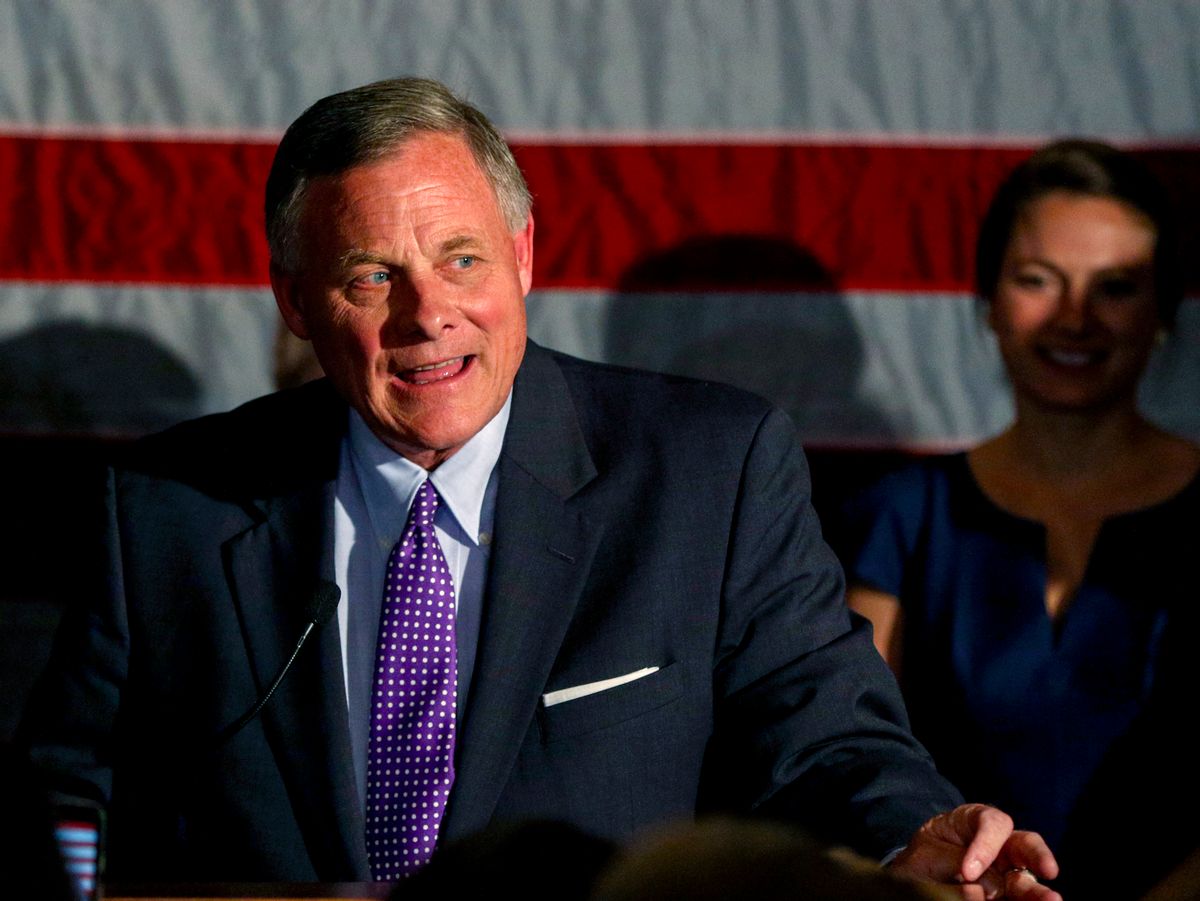 Sen. Richard Burr, R-N.C., talks to supporters as he gives his acceptance speech after winning re-election in Winston-Salem, N.C., Tuesday, Nov. 8, 2016 (AP Photo/Nell Redmond) (AP)