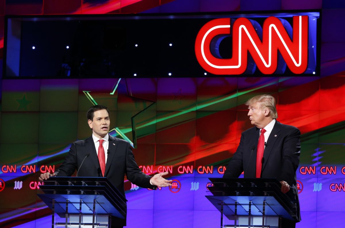FILE - In this March 10, 2016, file photo, Republican presidential candidate, Sen. Marco Rubio, R-Fla., speaks, as Republican presidential candidate Donald Trump, listens, during the Republican presidential debate in Coral Gables, Fla. Every presidential race has its big moments. This one, more than most. (AP Photo/Wilfredo Lee) (AP)