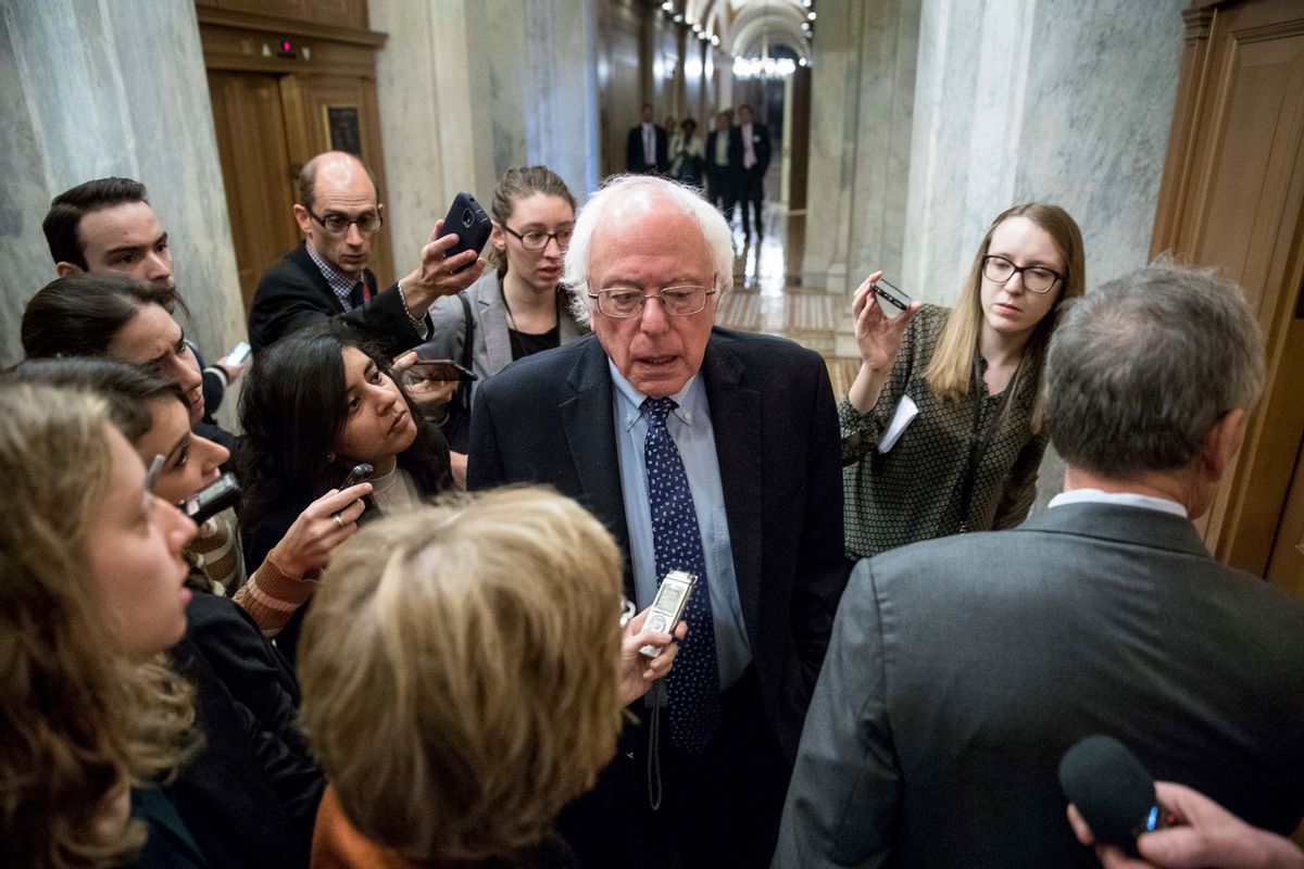 Sen. Bernie Sanders, I-Vt., center, speaks to reporters on Capitol Hill in Washington, Wednesday, Nov. 16, 2016. (AP)
