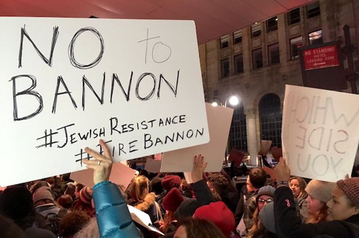 #JewishResistance activists protest Steven Bannon and the racism and Islamophobia of the Donald Trump camp, New York City, November 20, 2016  (Naomi Dann/Jewish Voice for Peace - NYC)