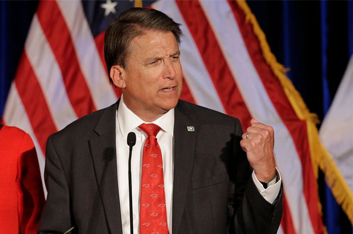North Carolina Gov. Pat McCrory speaks to supporters at an election rally in Raleigh, N.C., Wednesday, Nov. 9, 2016. The race between McCrory and Democrat Roy Cooper remains too close to call. (AP Photo/Chuck Burton) (AP)