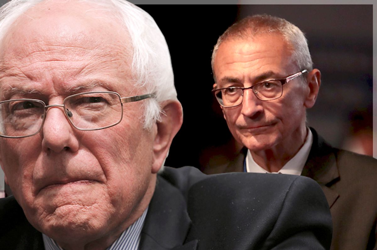 Bernie Sanders; John Podesta   (Reuters/Lucas Jackson/Getty/Drew Angerer/Photo montage by Salon)