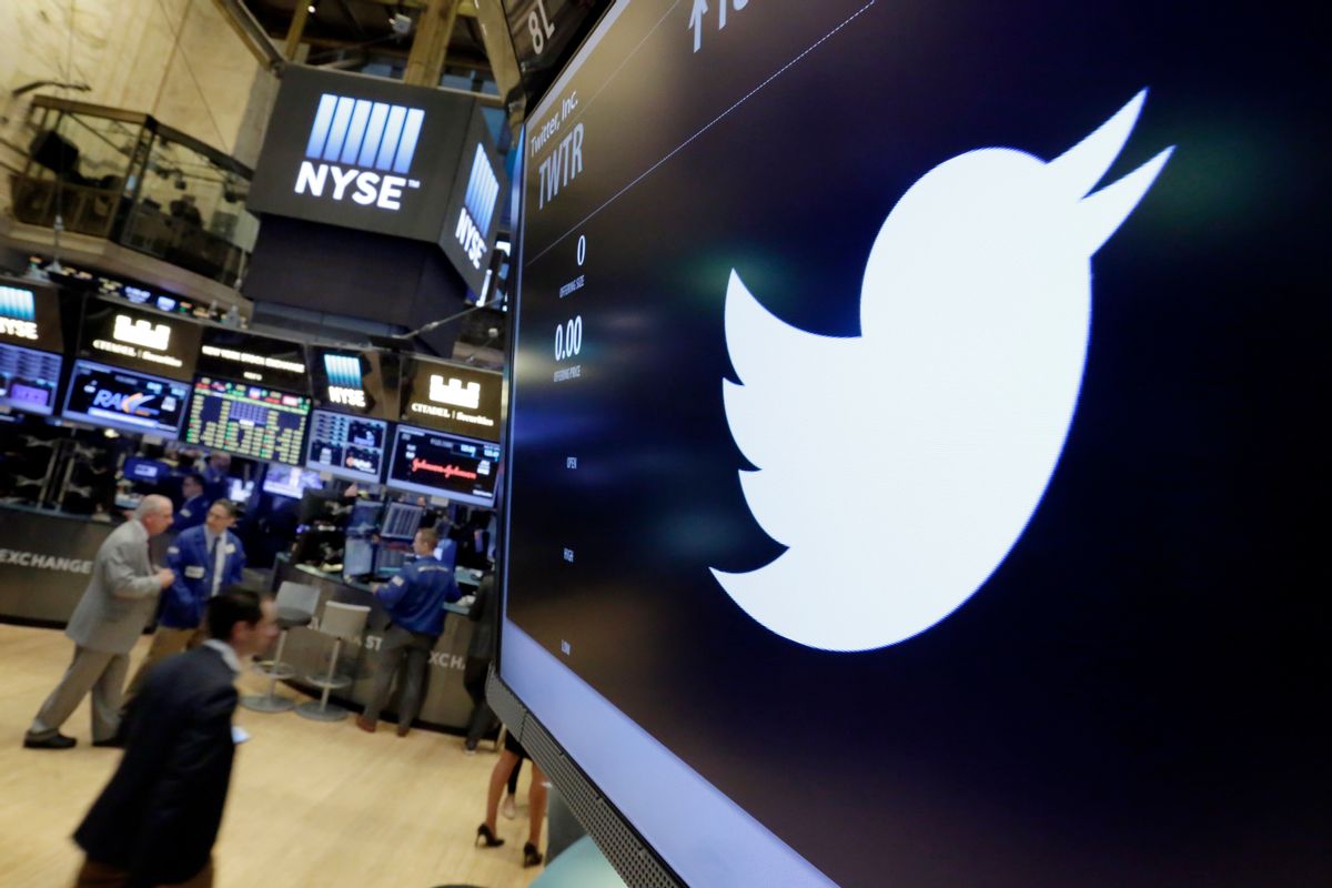 FILE - In this July 27, 2016, file photo, the Twitter symbol appears above a trading post on the floor of the New York Stock Exchange.  Twitter, long criticized as a hotbed for online harassment, is expanding ways to curb the amount of abuse users see and making it easier to report such conduct. (AP Photo/Richard Drew, File) (AP)