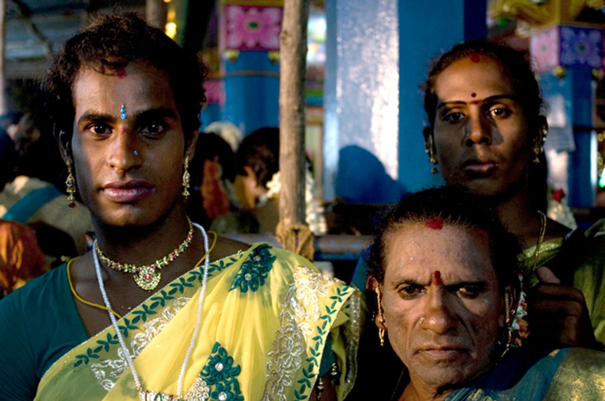  Indian transgenders wait to participate in a 'thali' - sacred thread - ritual signifying marriage to the Hindu warrior god Aravan   (Getty/Anna Zieminski)