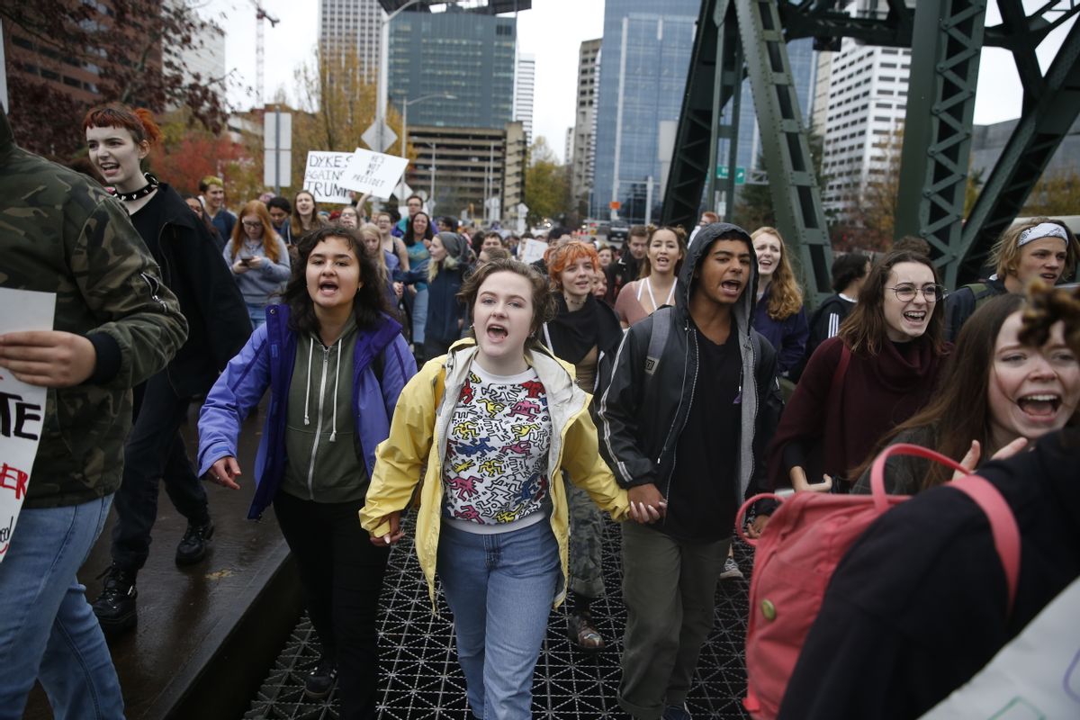 Hundreds of high school students joined protests in Portland on Monday against Donald Trumps election (Beth Nakamura/The Oregonian via AP) (Beth Nakamura/The Oregonian via AP)