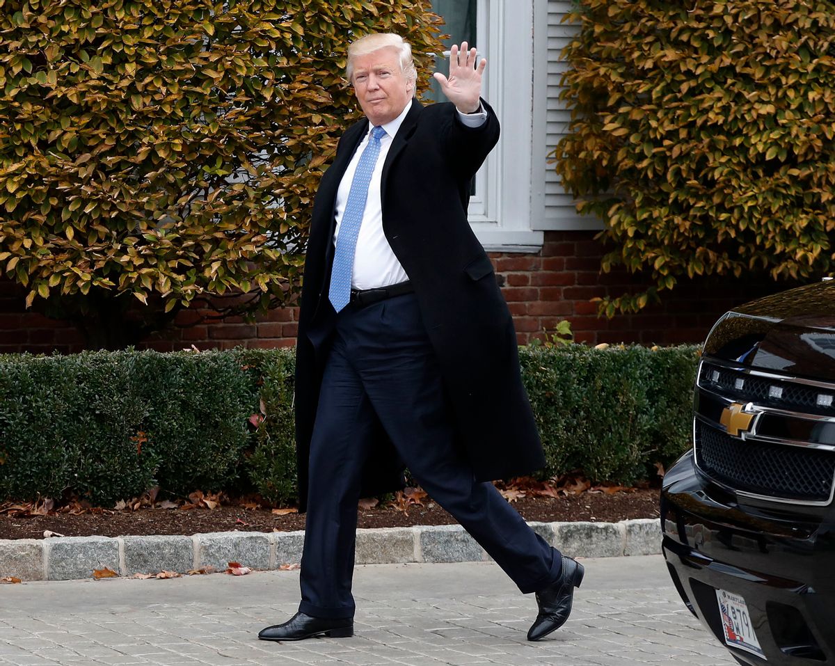 FILE - In this Nov. 20, 2016 file photo, President-elect Donald Trump waves as he arrives at the Trump National Golf Club Bedminster clubhouse in Bedminster, N.J.  (AP)