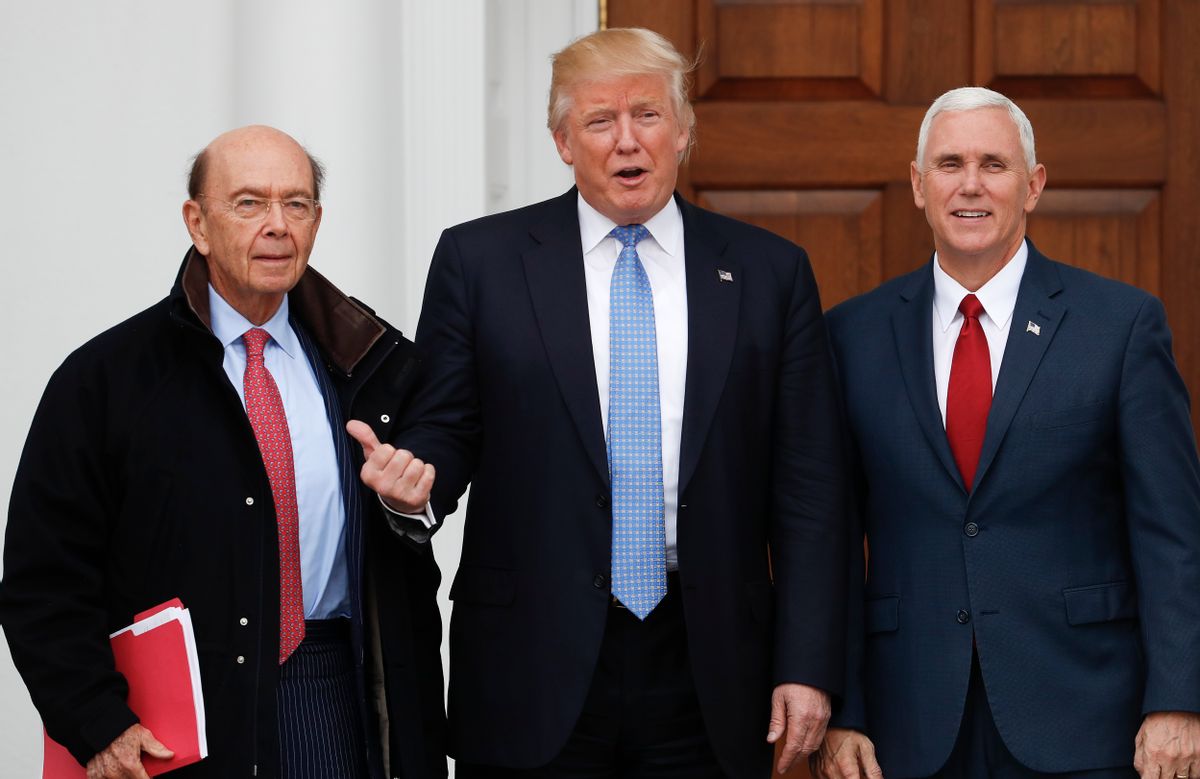 President-elect Donald Trump, center, and Vice President-elect Mike Pence, right, pose with investor Wilbur Ross at the Trump National Golf Club Bedminster clubhouse Sunday (AP)