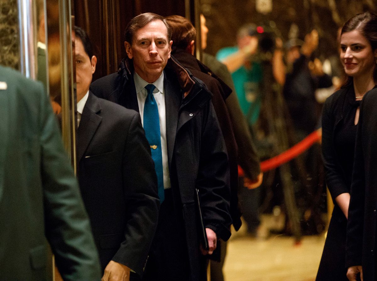 Former CIA director retired Gen. David Petraeus gets on an elevator after arriving at Trump Tower for a meeting with Presiden-elect Donald Trump, Monday, Nov. 28, 2016, in New York. (AP Photo/ Evan Vucci) (AP)
